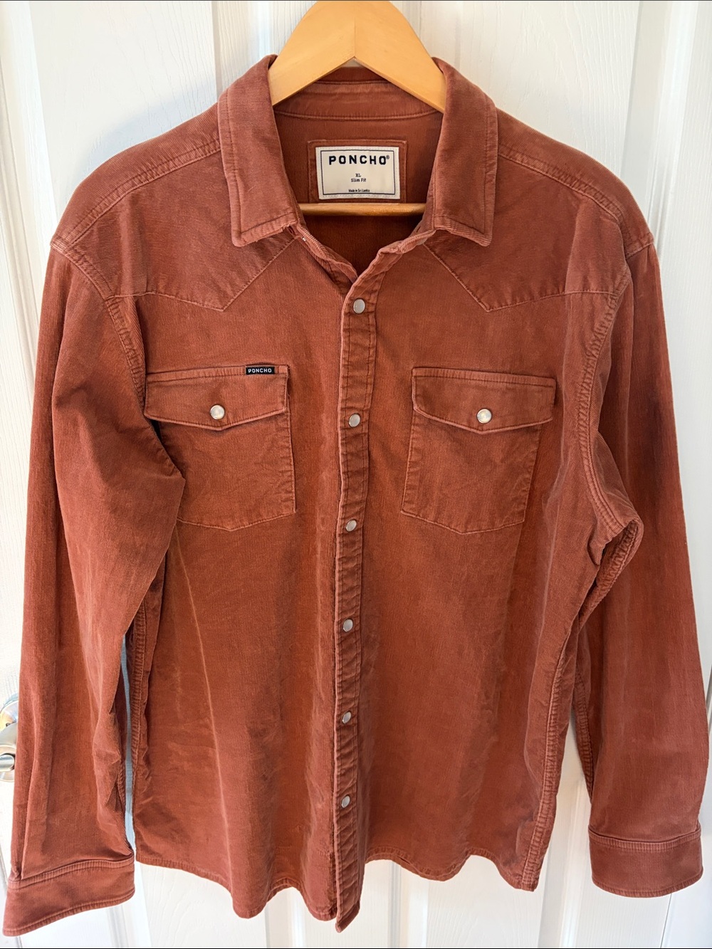 Men's Poncho Rust Corduroy Western Pearl Snap Shirt XL Slim Fit
